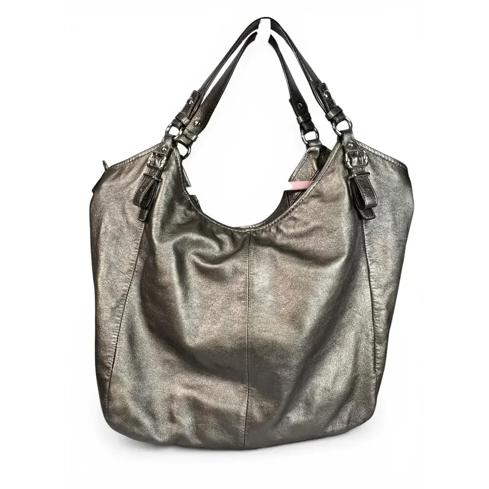 COACH Madison Metallic Pewter Leather 15958 Bag & Matching Wallet Set